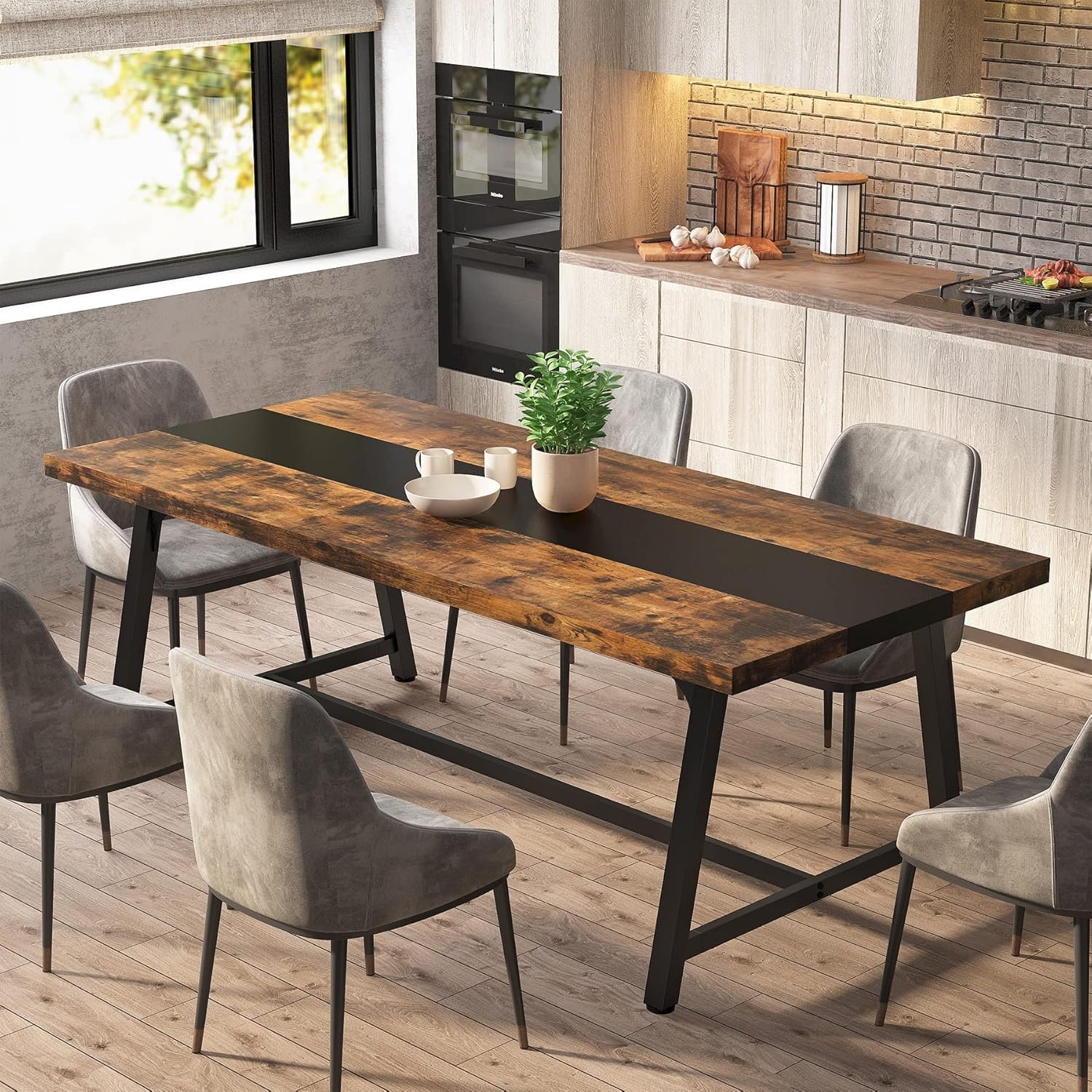 Wood Kitchen Table with Strong Metal Frame, Industrial Large Long